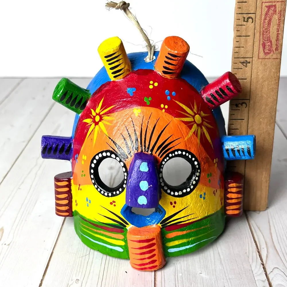 Aya Huma Mask Artisan Crafted Carved Wood Ecuador Bright Colors Rainbow 4.5